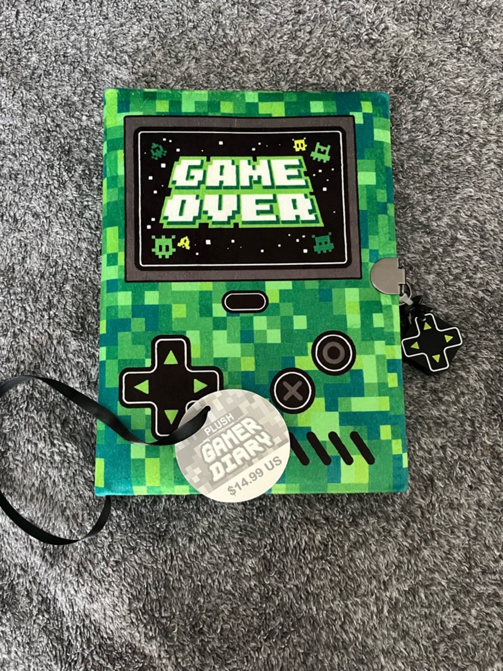 Gamer Diary Plush Journal - Green Pixel Game Over Design
